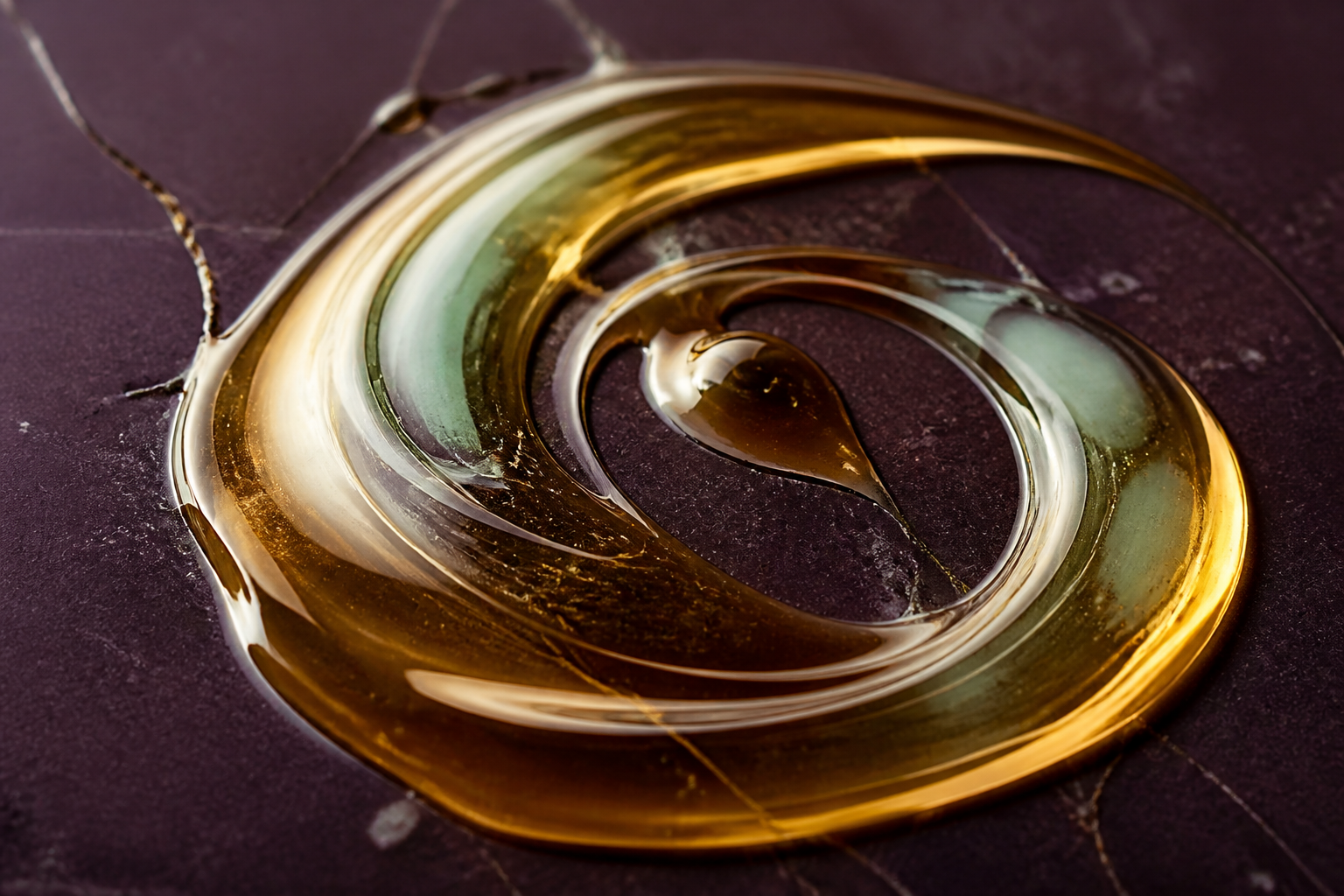 Apricot oil forming a slow orbit on dark stone