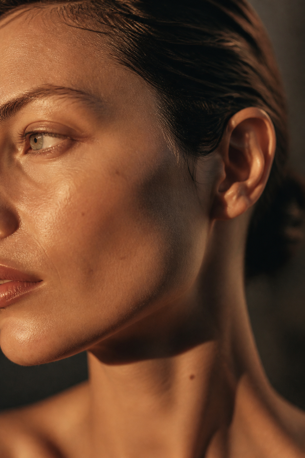 Editorial close-up of a face in profile with natural skin texture and warm sculptural light