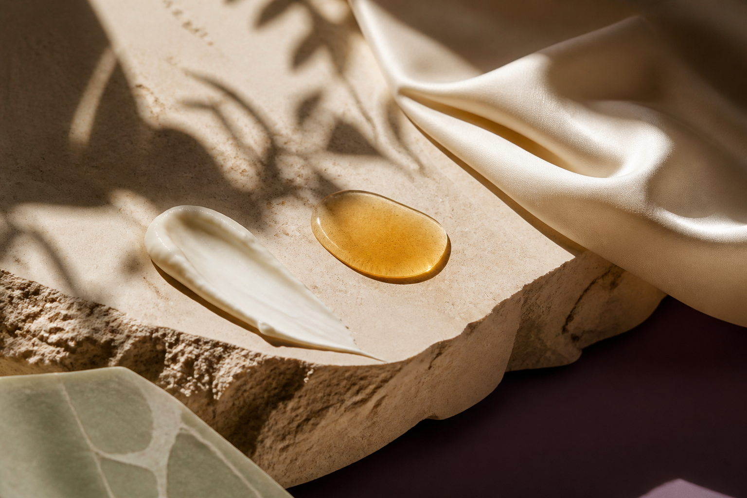 Stone, oil and cream arranged as a quiet still life